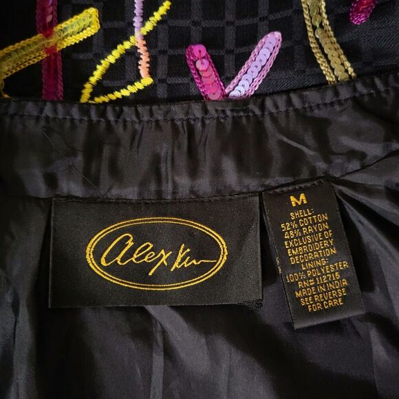 Black Jacket Bright Floral Accents Glass Buttons M Sequined Embroidered Alex Kim - Picture 2 of 11